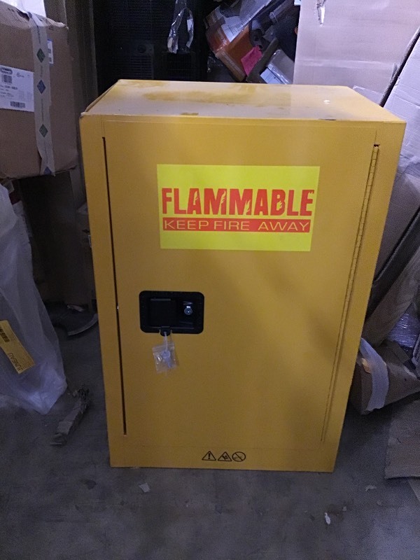 lot 116 image: Edsal 35 in. H x 23 in. W x 18 in. D Steel Freestanding Flammable Liquid Safety Single-Door Storage Cabinet in Yellow in good conditions