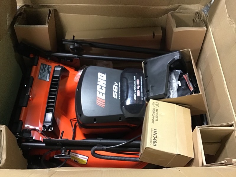 lot 108 image: ECHO 21 in. 58-Volt Brushless Lithium-Ion Cordless Battery Walk Behind Push Lawn Mower - 4.0 Ah BatteryCharger Included in good conditions