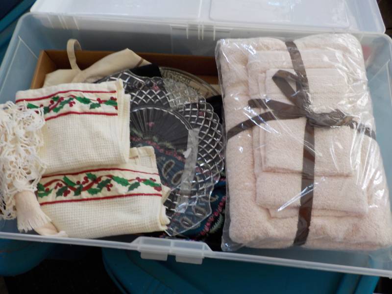 Covered Tote with New Towels and Se...