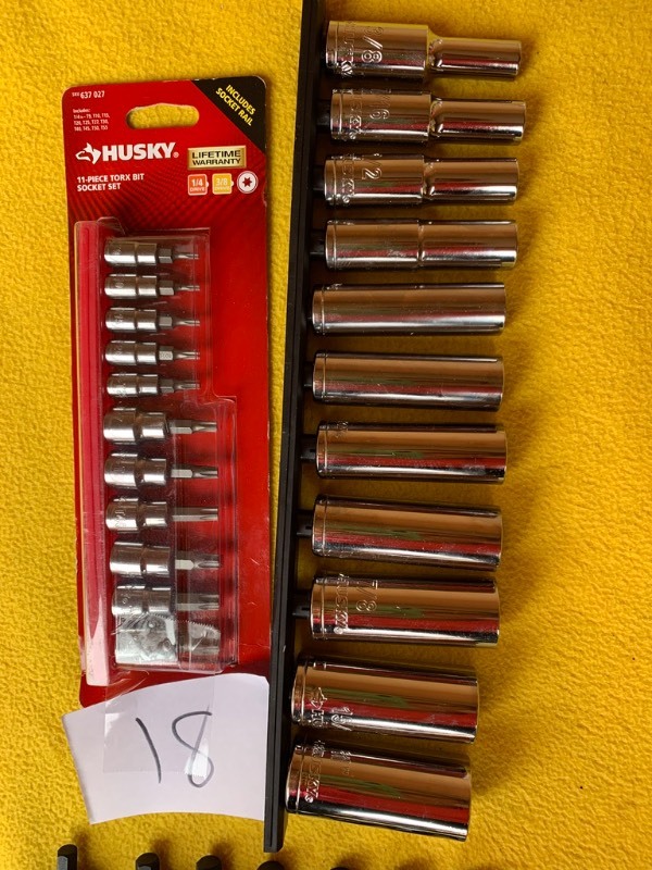 lot 18 image: 3 Husky Socket Set Lot- Torx bits & Deep Sockets Sets