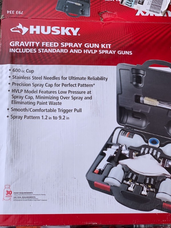 lot 26 image: Husky Gravity Feed Spray Gun Kit 793334 Gently used- 600 cc Cup, Spray Pattern 1.2 to 9.2