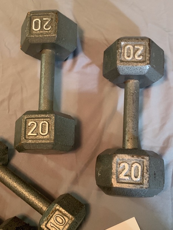 lot 32 image: Dumbell Lot-  2- 20lb and 2- 10lb Weights