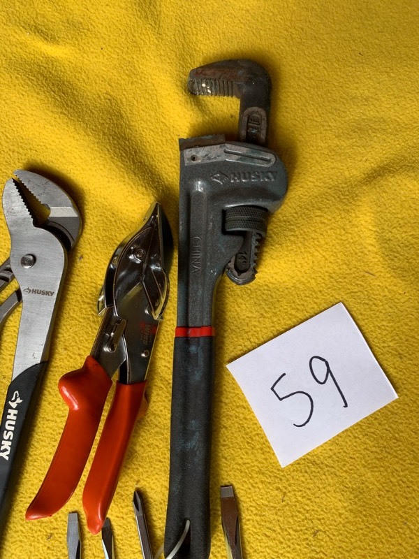 lot 59 image: Hand Tool Lot- Husky Screwdrivers, Pliers, Cutting Tool,  Pipe Wrench