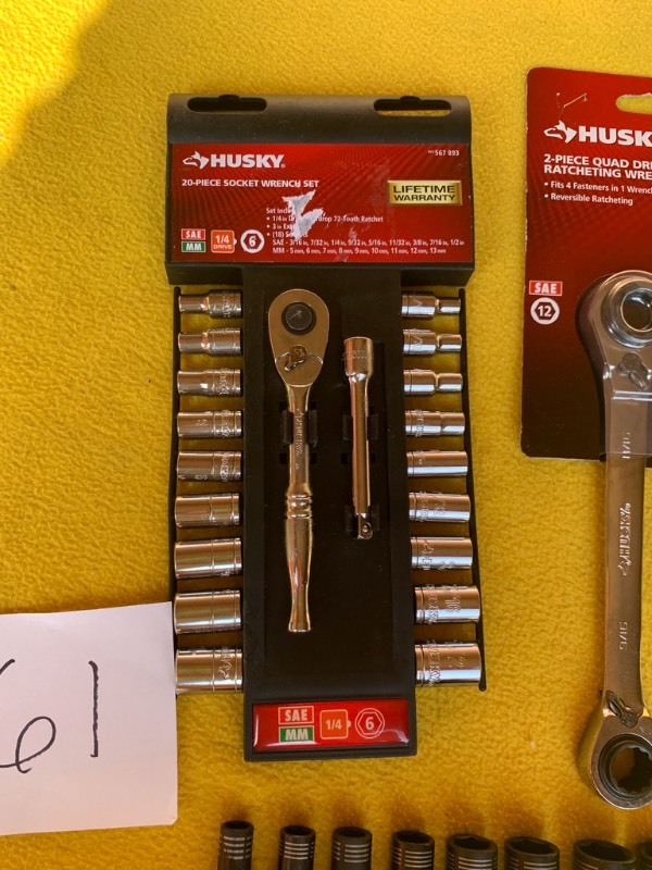 lot 61 image: Husky Socket and Wrench Lot- 20-Piece Socket Wrench Set, 2-Piece Quad drive Ratcheting Wrenchs, Deep SAE Sockets