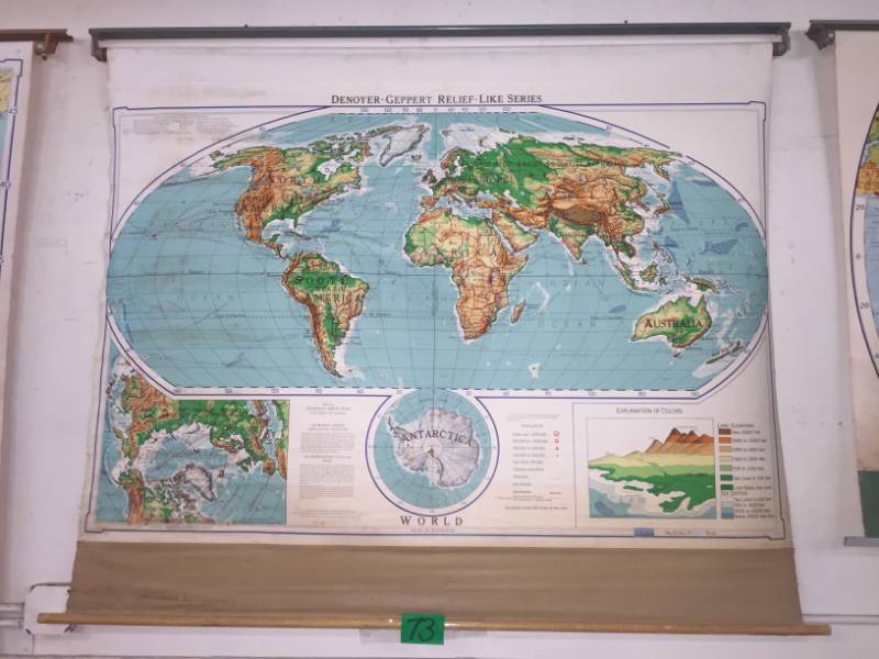 lot 73 image: School Map Mid-Century Relief World Denoyer-Geppert