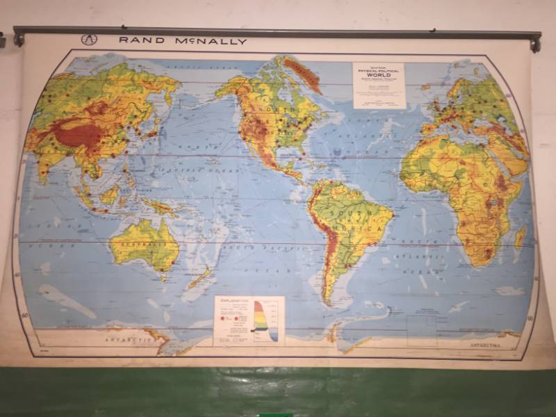 lot 74 image: School Map Mid-Century World Physical-Political Rand McNally