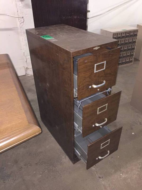 lot 33 image: File Cabinet Mid-Century Three Drawer waluminum pulls Art Metal Brand