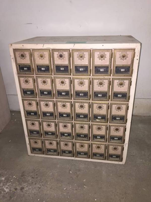 lot 46 image: Authentic Post Office Boxes (30) Mid-Century Brass Fronts   1972