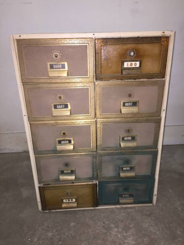 lot 47 image: Authentic Post Office Boxes (10) Mid-Century Brass Fronts   1967