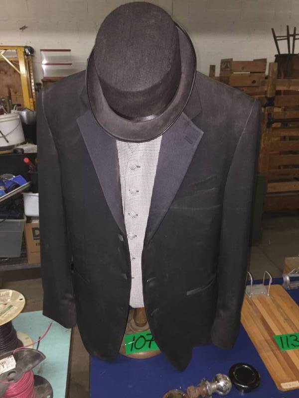 lot 107 image: Vintage Tuxedo on torso mannequin wwooden base