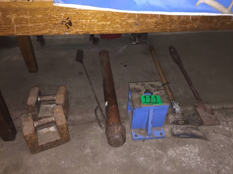 lot 111 image: 50 lb Commercial Weights, Scraper whandle, and Post Driver Adze