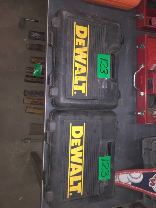 lot 123 image: Lot of 2 9.6 V DeWalt drills with chargers and batteries