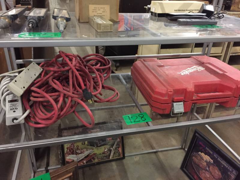 lot 128 image: Milwaukee Drill wcharger & 2 batteries, 2 outlet strips, and heavy duty 50 power cord