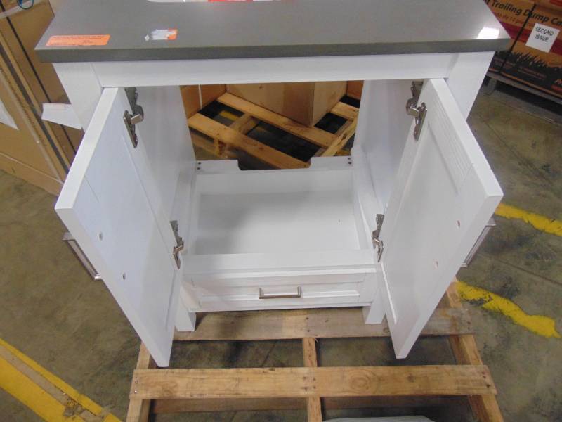 lot 400 image: Scott Living Durham White oak Single Sink Vanity with Gray Engineered Stone Top 1328VA-24-241