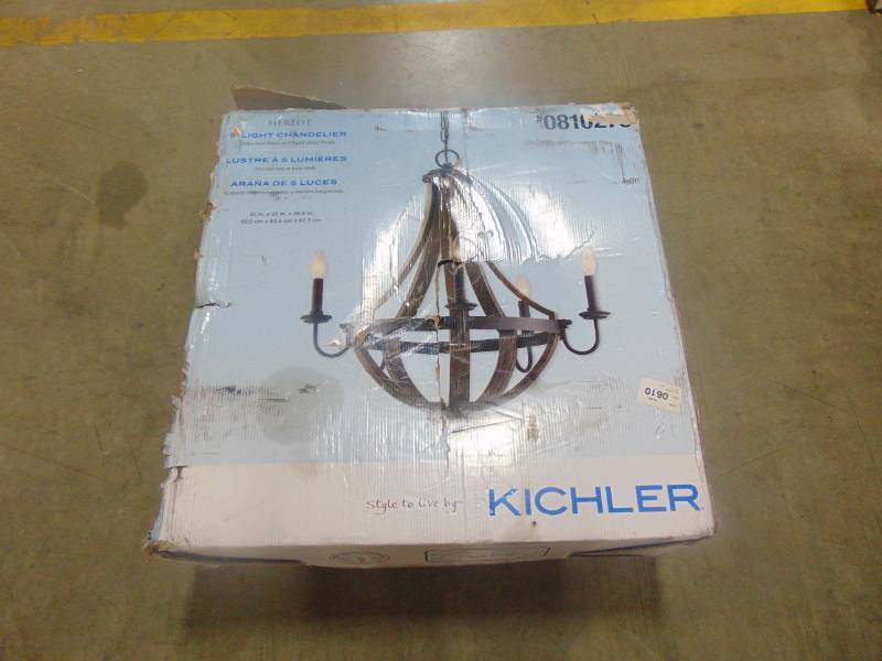 lot 433 image: Kichler Merlot 5-Light Distressed Black and Wood Farmhouse Candle Chandelier 34819