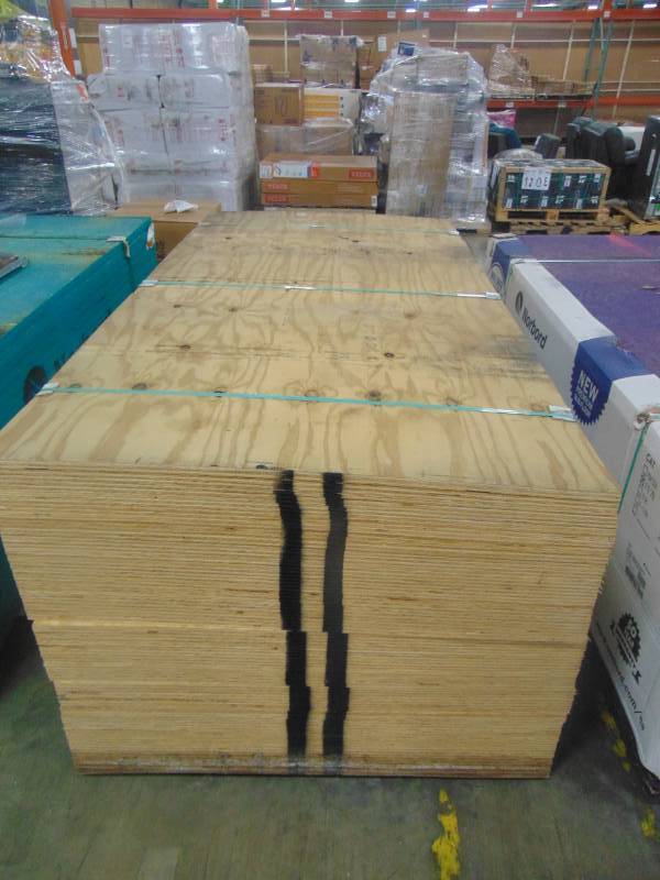 lot 452 image: PLYWOOD 38 in. x 4 ft. x 8 ft. Rtd Plywood Sheathing - 2 Black Stripes 90 Bundle 112590