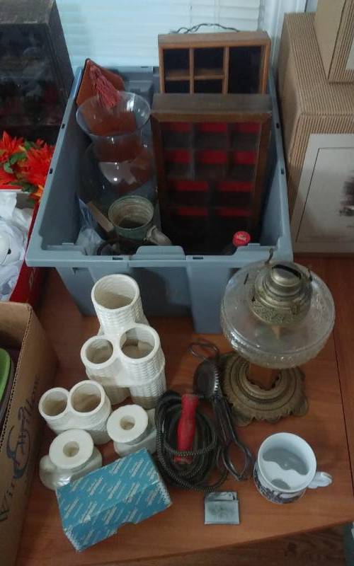 Tub Of Vintage Items Oil Lamp, Irons, Lighter,