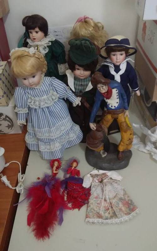 Collection Of Porcelain Dolls With Stands, Statue, Red Hat Ornaments
