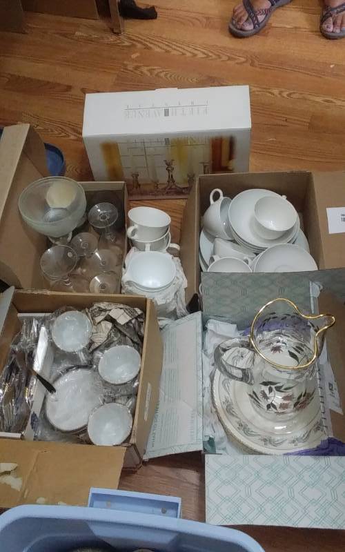Assorted Vintage Dishes, Flatware, Goblets, Fancy Glass Pitcher