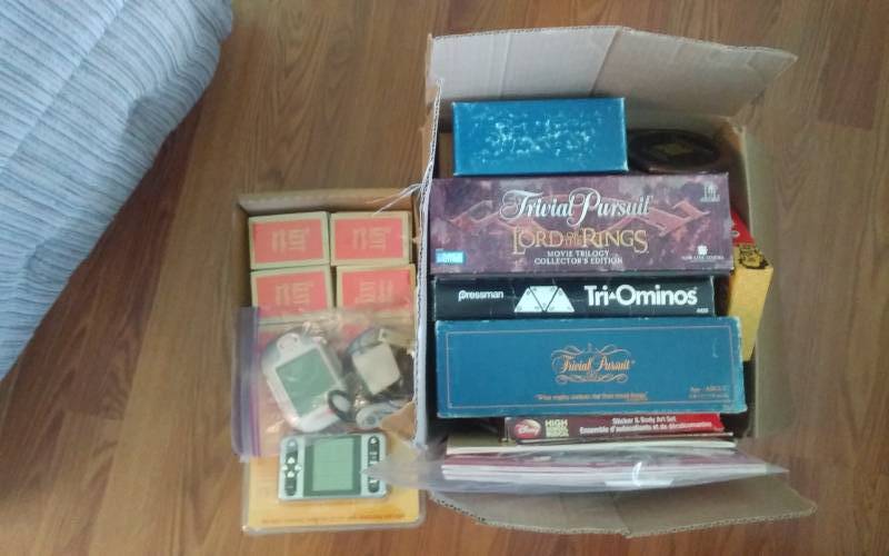 Box Lot Of Games, New Decks Of Cards, Hand Held Games