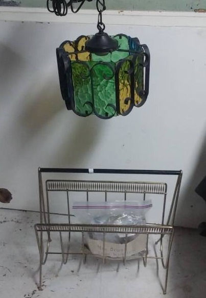 Vintage Hanging Light Fixture, Magazine Rack, Brass Cabinet HandlesHdwe