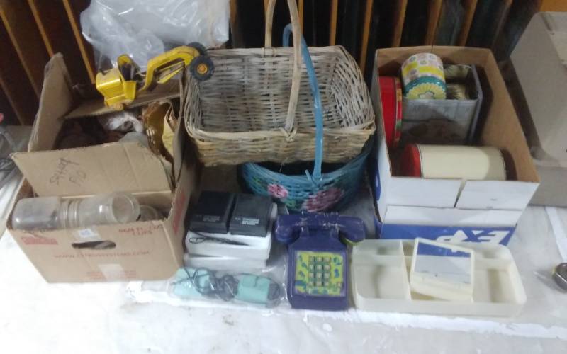 Lot Of Vintage Collectibles Old Tonka Road Grader Part, Tins, Baskets,