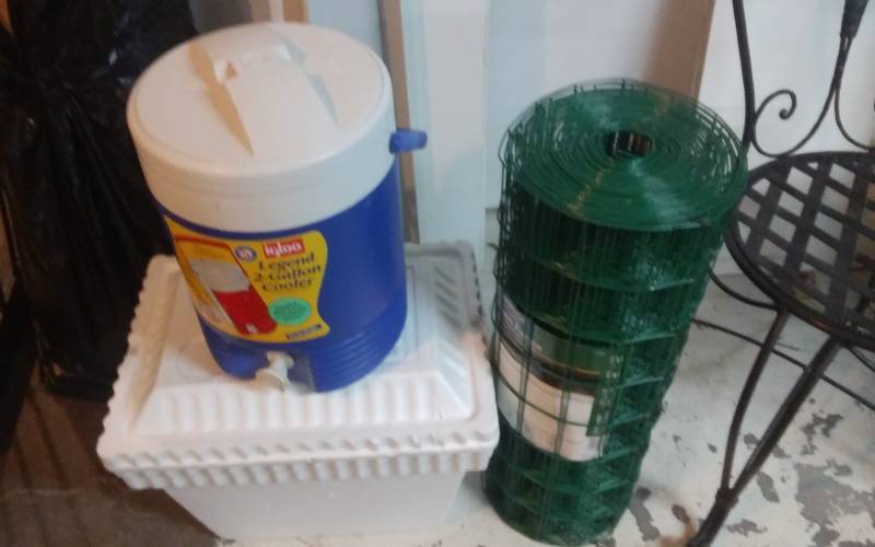 2-Gallon Beverage Dispenser, Styro Cooler, Roll Of Wire Fence