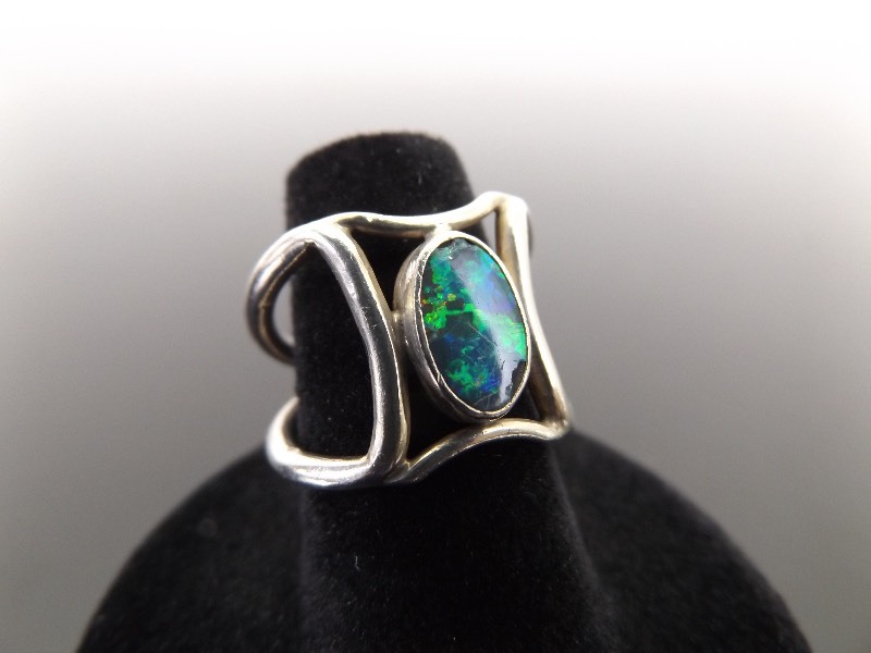 .925 Sterling Silver Inlayed Opal Ring Size 6
