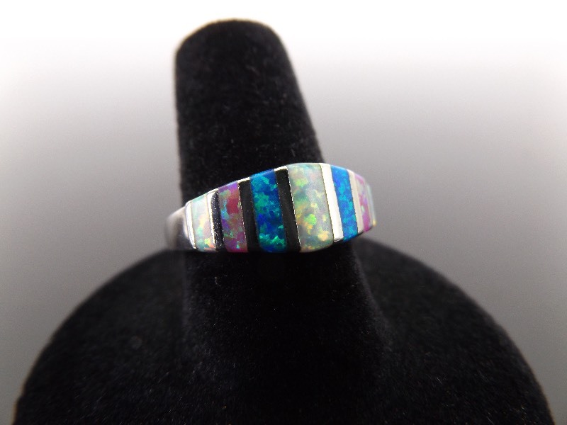 .925 Sterling Silver Inlayed Multi Opal Stone Ring Size 8.5