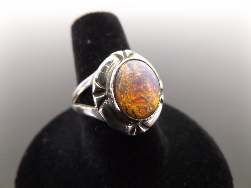 .925 Sterling Silver Pink Opal Cabochon Ring Size 8