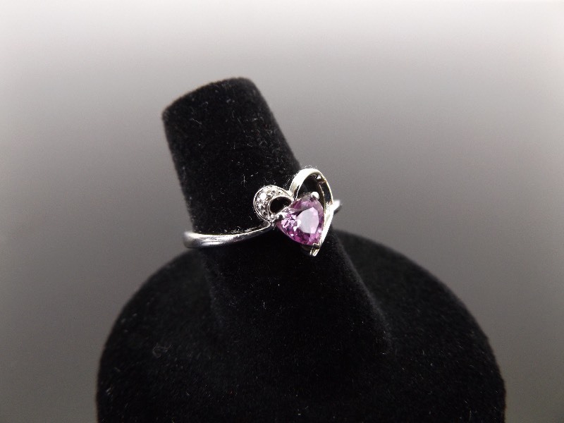 .925 Sterling Silver Pink Sapphire Diamond Accented Heart Ring Size 7