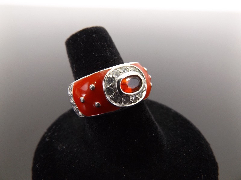 .925 Sterling Silver Ruby Crystal Red Enamel Ring Size 8