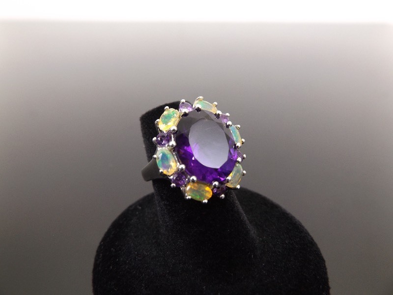 .925 Sterling Silver Amethyst and Opal Crystal Ring Size 5