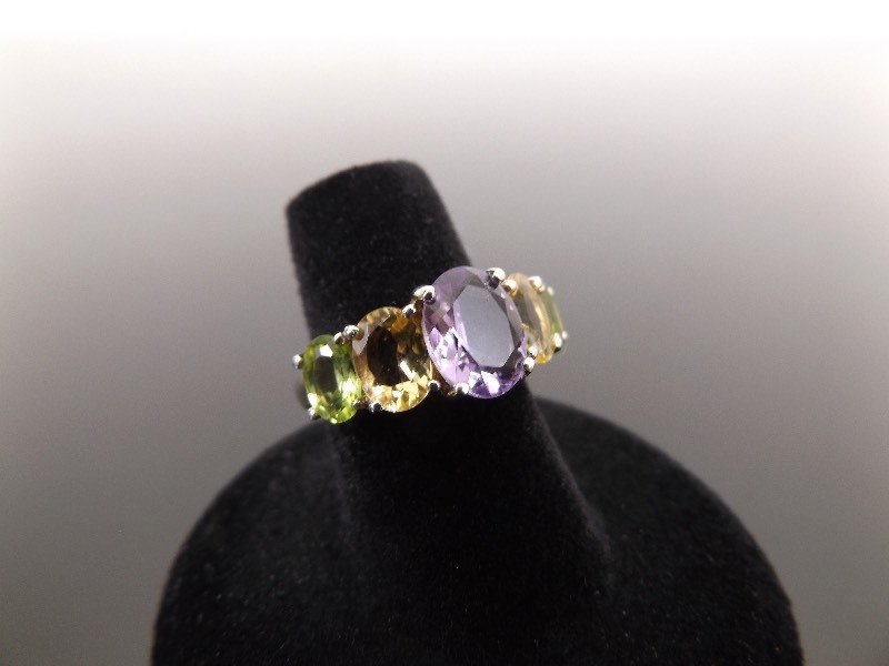 .925 Sterling Silver Purple, Green, and Yellow Crystal Ring Size 6.25