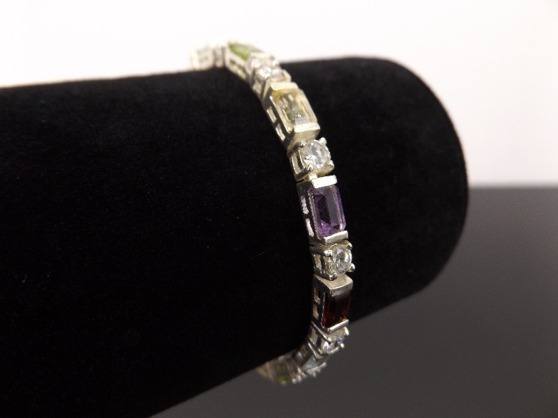 .925 Sterling Silver Multi Colored Crystal Tennis Bracelet