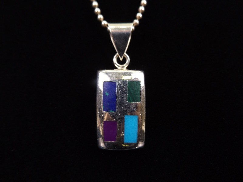 .925 Sterling Silver Multi Inlayed Gemstone Pendant Necklace