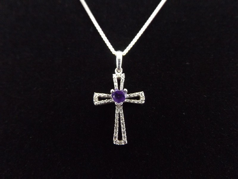 .925 Sterling Silver Diamond Accented Amethyst Heart Cross Pendant Necklace