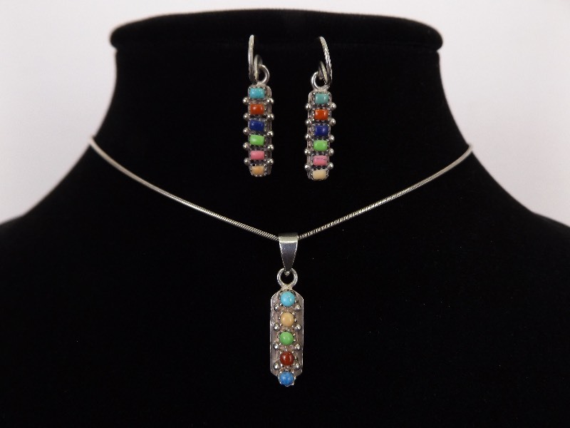.925 Sterling Silver Multi Stone Earring, Pendant, and Necklace Set