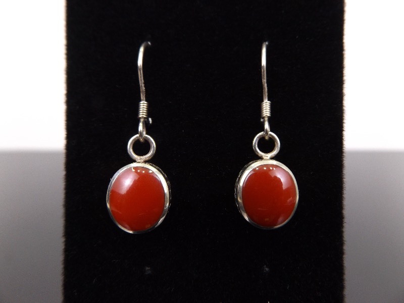 .925 Sterling Silver Art Nouveau Red Coral Cabochon Hook Earrings