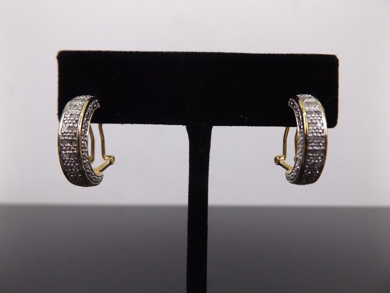.925 Sterling Silver Diamond Half Hoop Vermeil Clasped Post Earrings