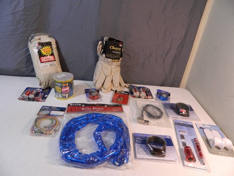 lot 224 image: New Canvas Gloves, Steel Chain, Locks, and More