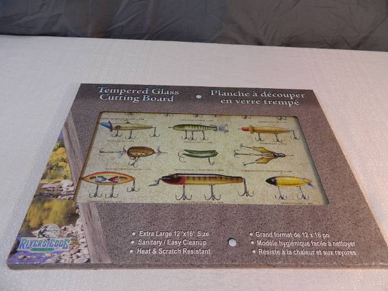 lot 232 image: New Tempered Glass Antique Fishing Lure Cutting Board