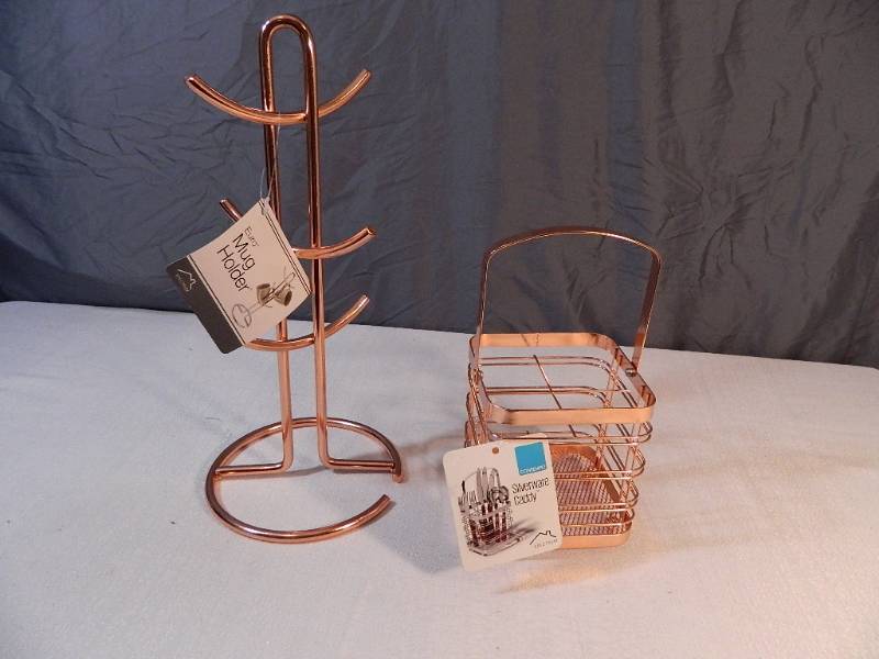 lot 93 image: New Metal Rose Gold Silverware Caddy and Mug Holder