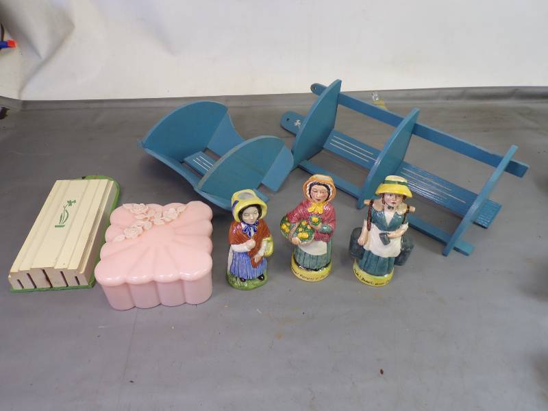 lot 62 image: 2 Corner Trinket Shelves, Wood Knife Holder, Jewlery box with jewlery, and 3 Figurines