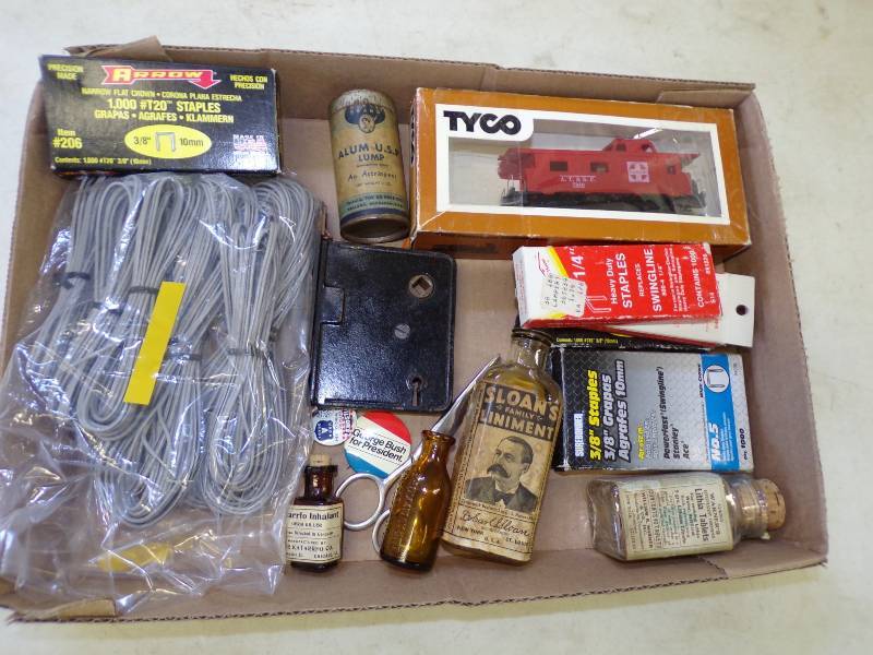 lot 88 image: Tyco Train, door Lock, Bottles,Staples, Speaker wire etc.