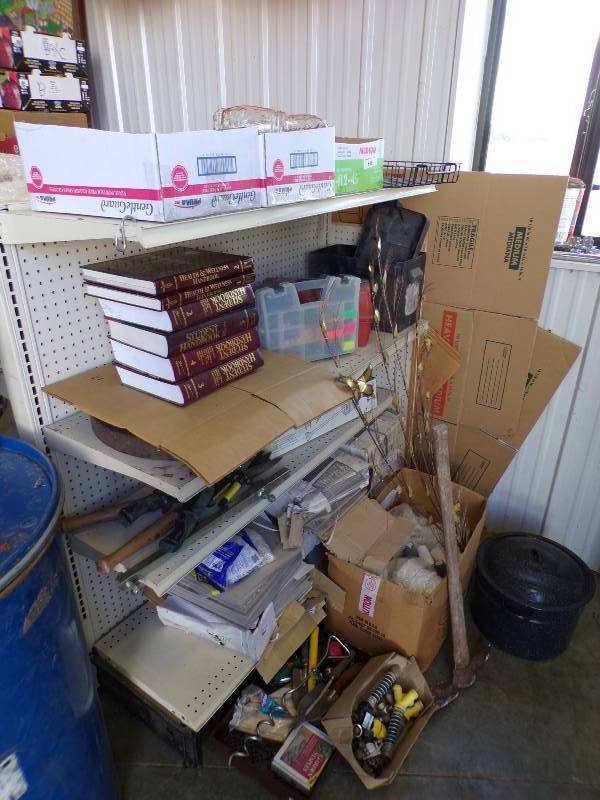lot 150 image: Lot of misc items - 2 tackle boxes - box of paper products- misc garden tools- 7 boxes tile- battery box- canning kettle- 3 boxes of glasses - plus much more