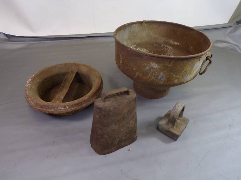 lot 133 image: Cow Bell, Strainer, and Milk can lid