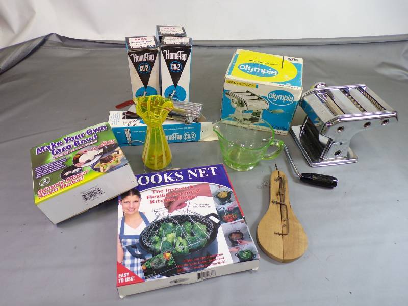 lot 134 image: Like New Vintage Pasta Maker, Green Glass Measuring cup and much more