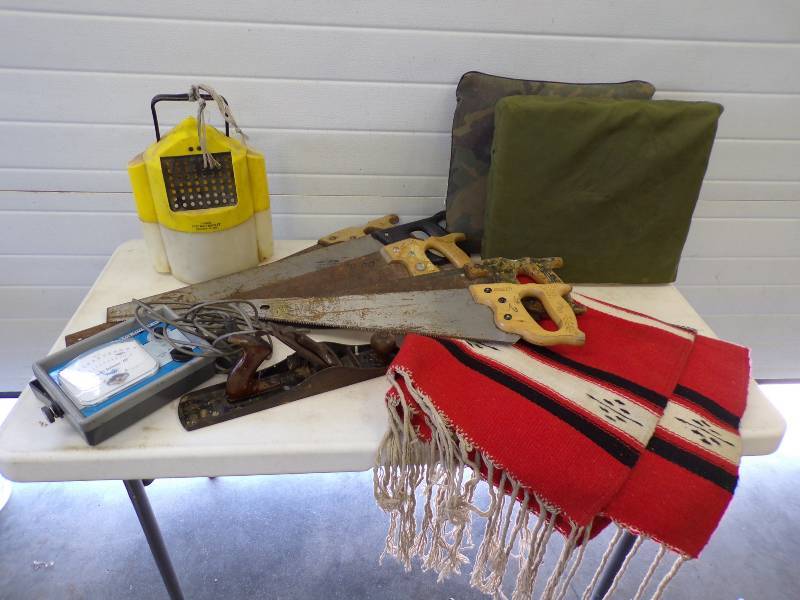 lot 135 image: Boat Cushions, depth finder, hand saws and more