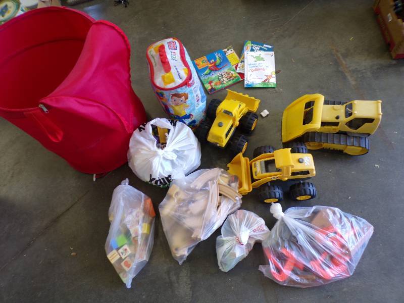 lot 254 image: Huge Toy lot with Wood Trains, Trucks, Blocks, Mega Blocks and storage container